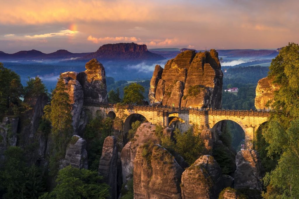 Bastei Bridge at sunset among sandstone cliffs in Saxon Switzerland