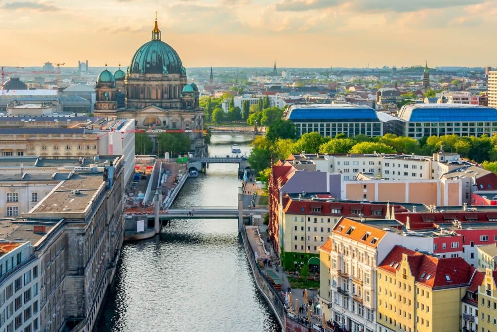 View over the River Spree and Museum Island with Berlin Cathedral in the distance.