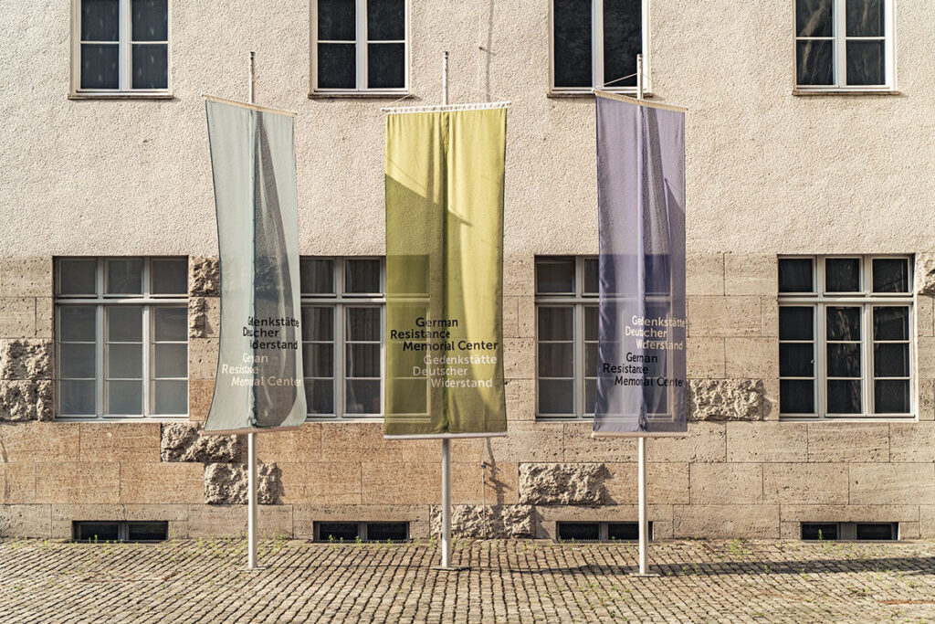 Banners outside the German Resistance Memorial Center in Berlin, dedicated to resistance against the Nazi regime.