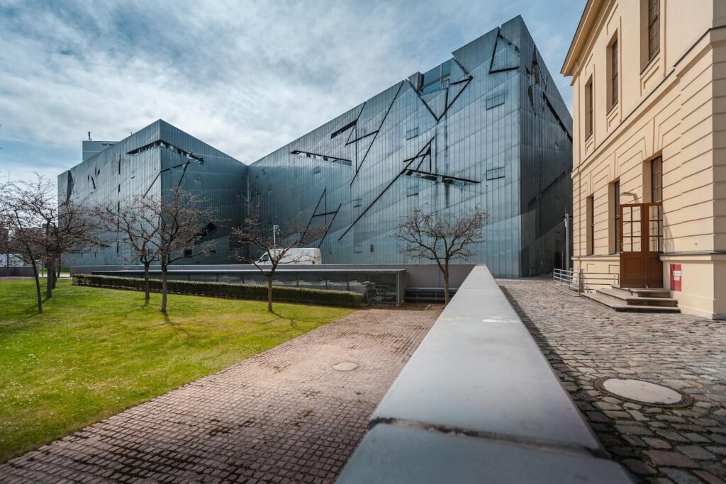 Exterior of the Jewish Museum Berlin, with Daniel Libeskind’s angular zinc-clad architecture.