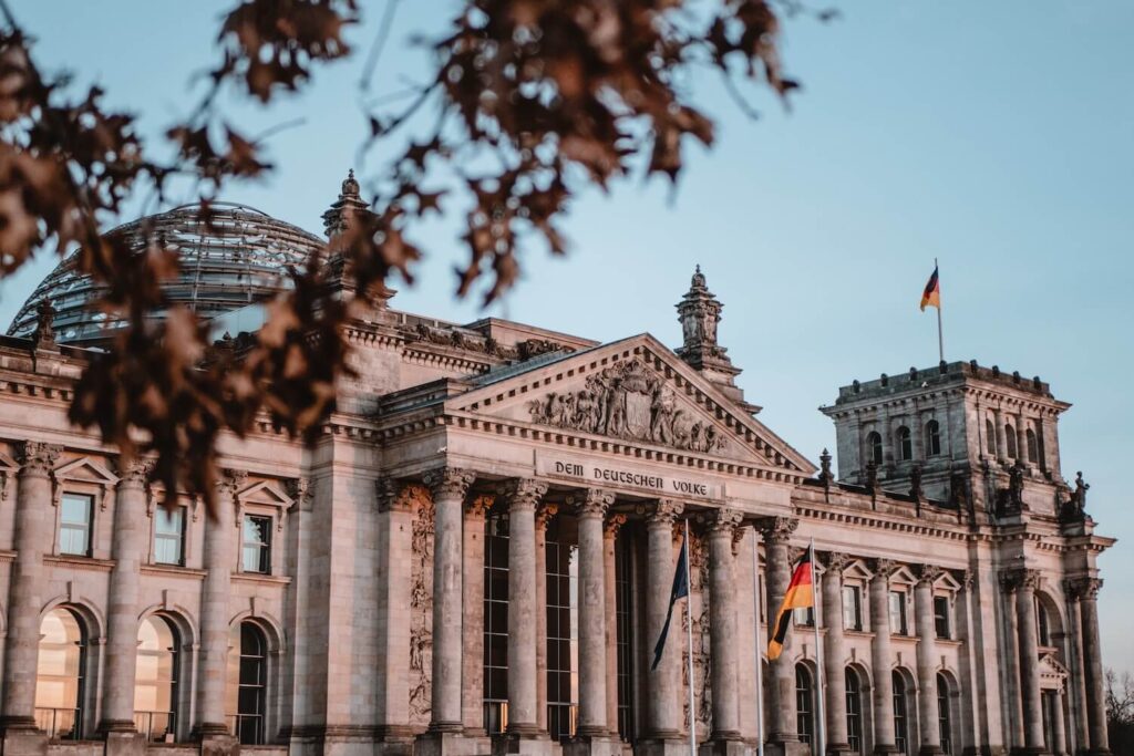 Reichstag building in Berlin, a major symbolic target during the Battle of Berlin in 1945.