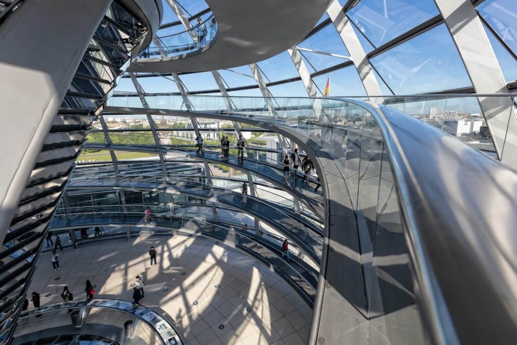 Interior of the Reichstag glass dome in Berlin, overlooking the city where the final battle of WWII in Europe unfolded.