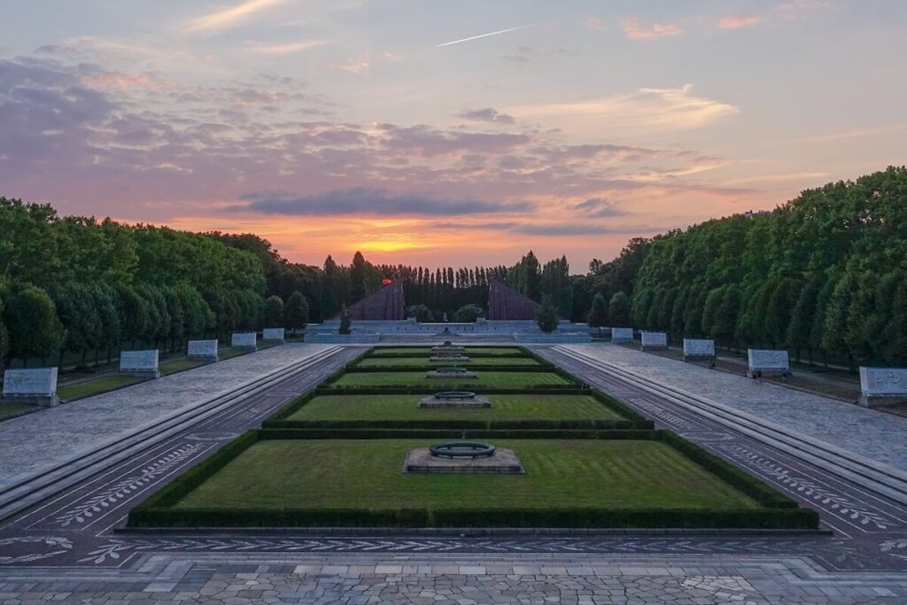 Soviet War Memorial in Treptower Park at sunset, a major memorial to Red Army soldiers in Berlin.