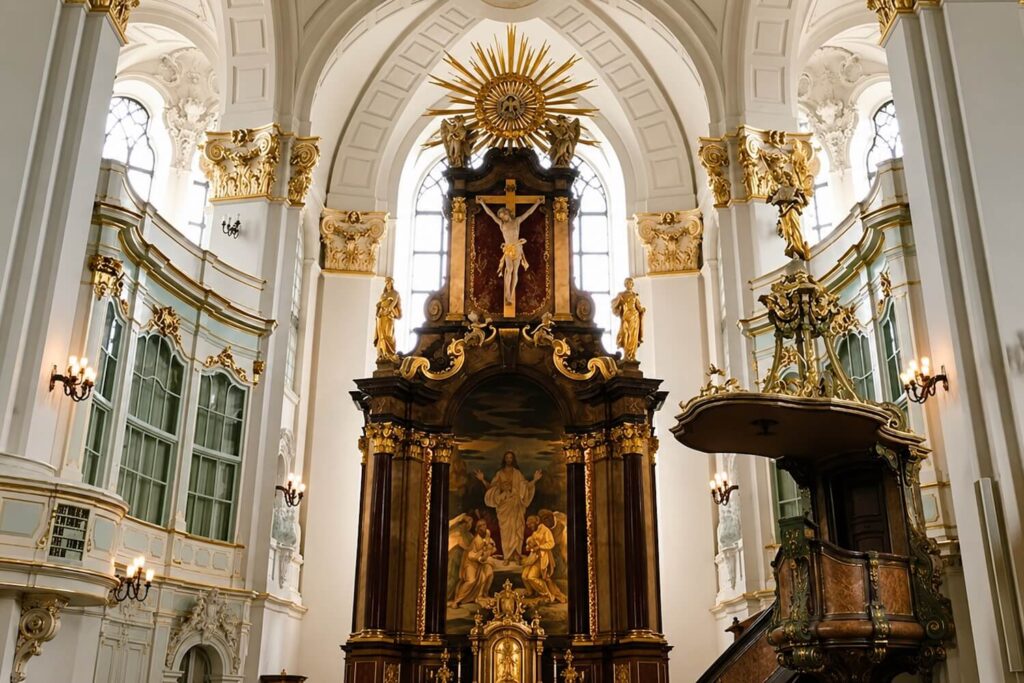 Ornate Baroque church interior in Hamburg with altar, pulpit, and organ gallery