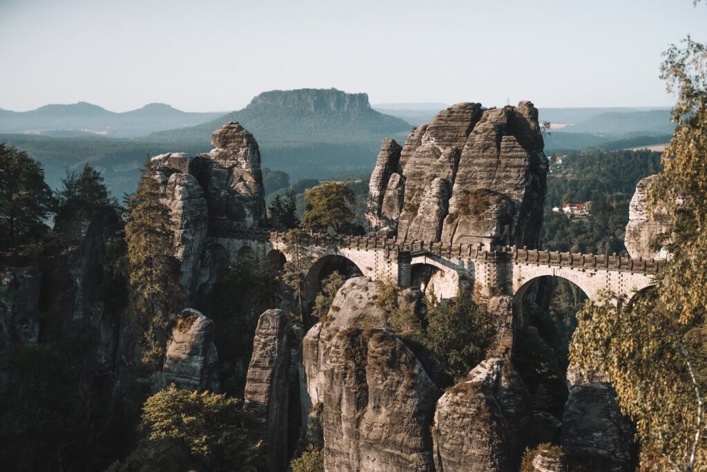 Bastei Bridge among sandstone cliffs in Saxon Switzerland National Park