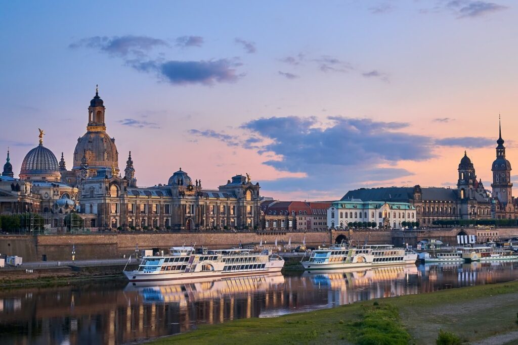 Dresden’s historic skyline along the Elbe River in the evening