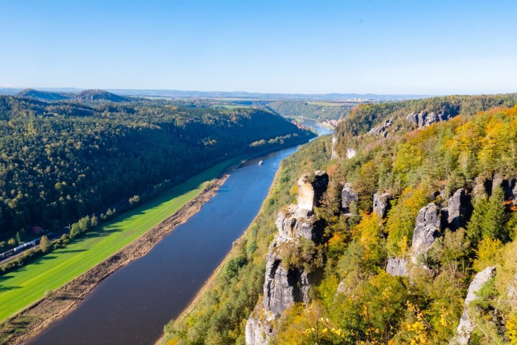 View over the Elbe Valley and sandstone cliffs in Saxon Switzerland