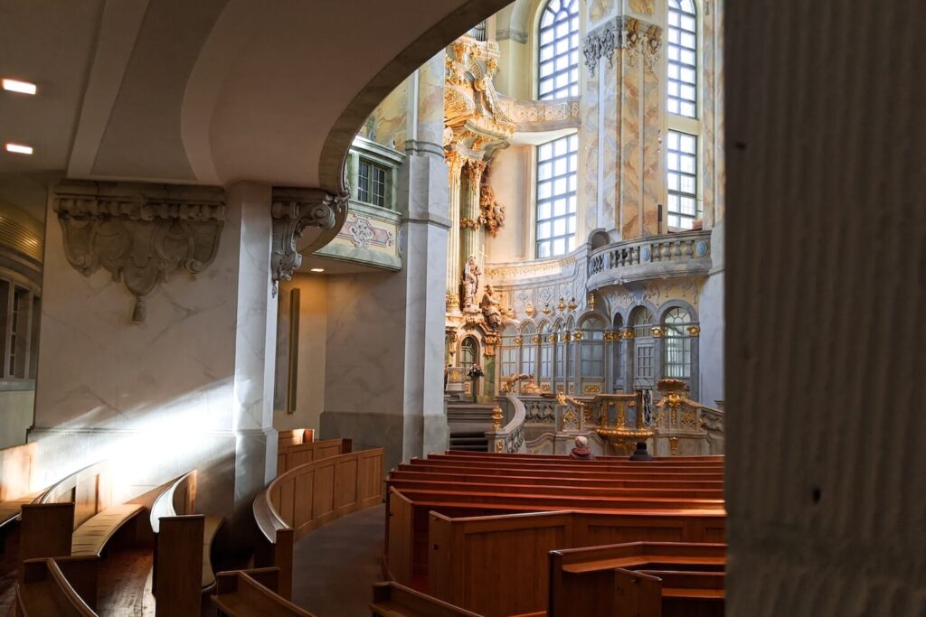 Interior of Frauenkirche in Dresden with restored Baroque details