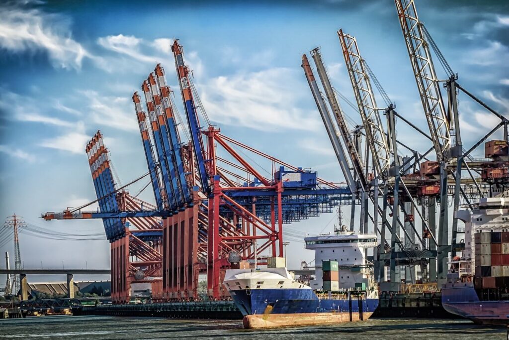 Cargo ships and container cranes in the Port of Hamburg