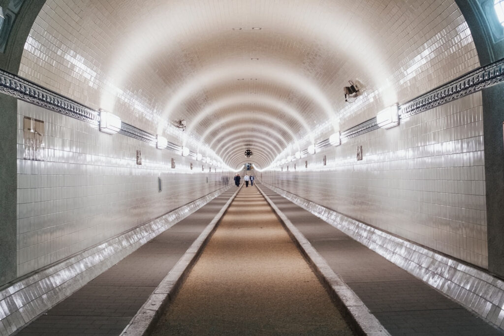 Interior of the Old Elbe Tunnel, a historic engineering landmark in Hamburg