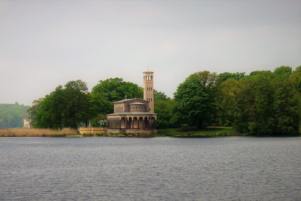 Sacrow Church by the lake near Potsdam, seen across the water