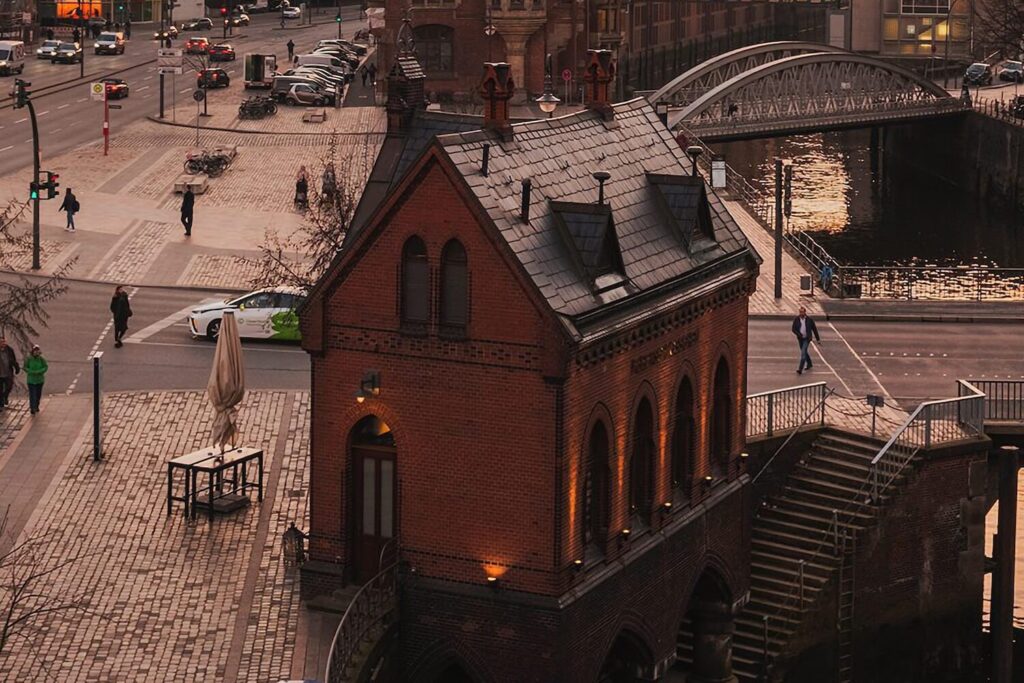Historic brick warehouse building in Hamburg’s Speicherstadt district