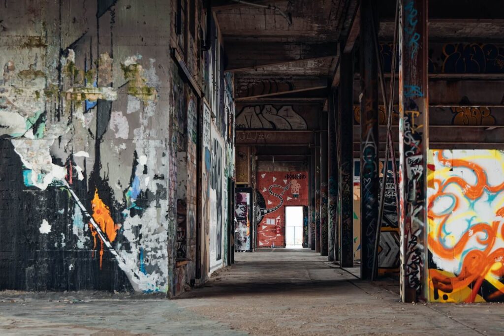 Graffiti-covered corridor inside the former Teufelsberg Cold War listening station