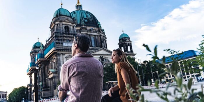 Visitors beside Berlin Cathedral on Museum Island, one of Berlin’s best-known cultural and historic landmarks