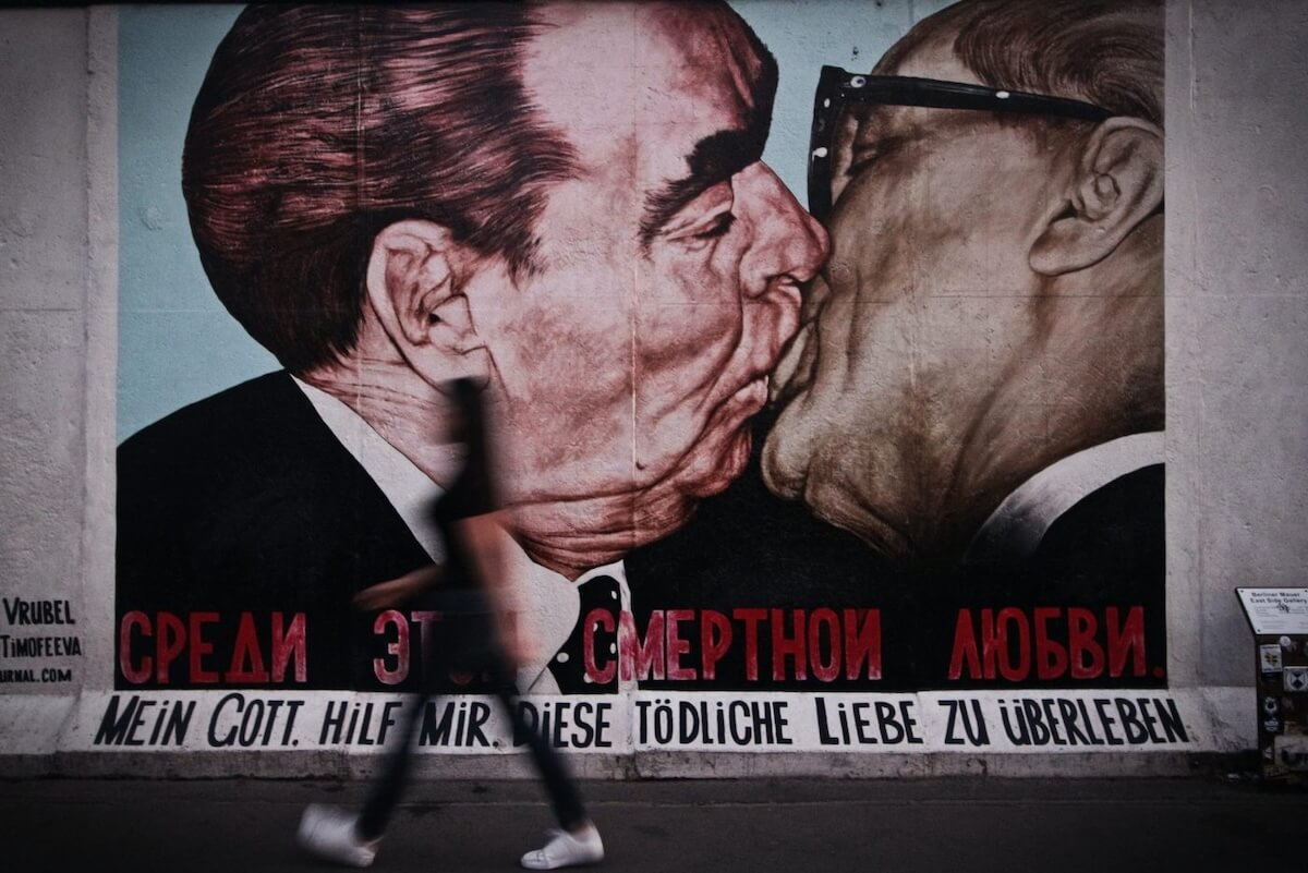 Brezhnev and Honecker “Fraternal Kiss” mural at the East Side Gallery on the Berlin Wall