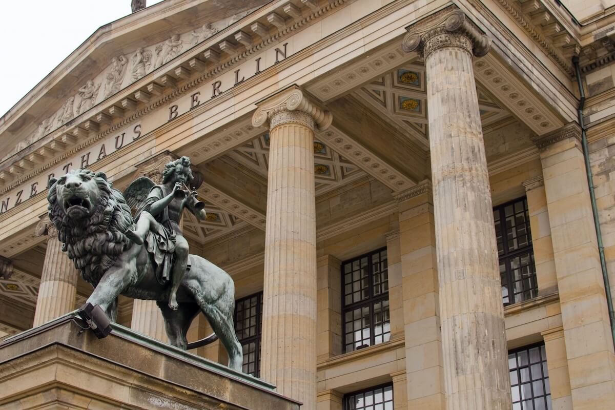 Konzerthaus Berlin on Gendarmenmarkt with its neoclassical columns and historic lion sculpture