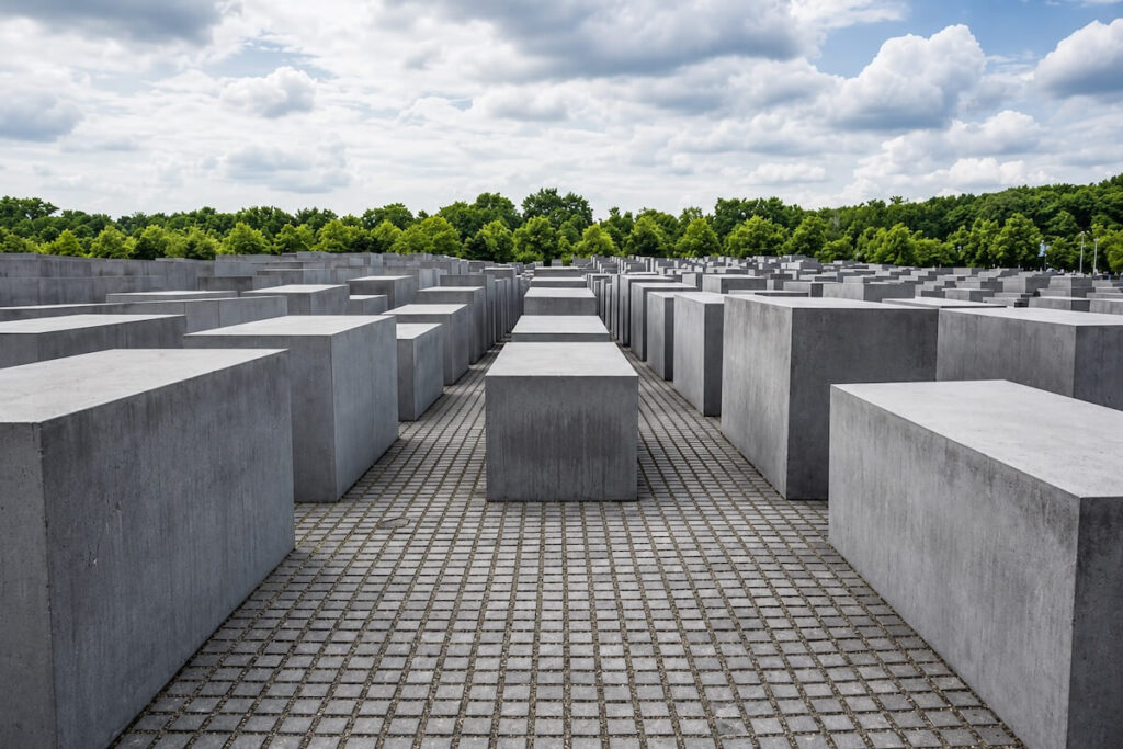 Memorial to the Murdered Jews of Europe in Berlin with rows of concrete stelae