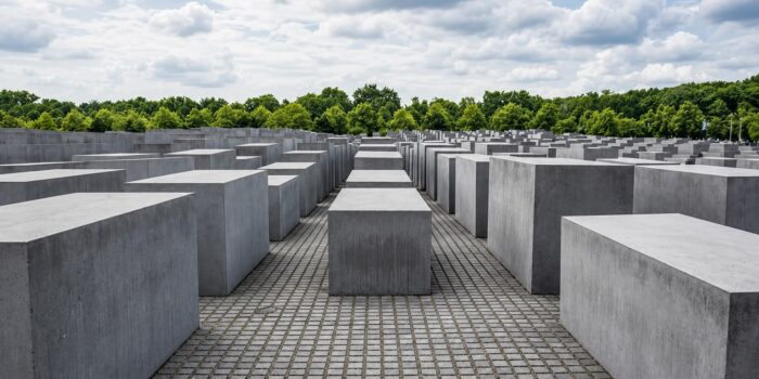 Memorial to the Murdered Jews of Europe in Berlin with rows of concrete stelae at the Holocaust Memorial