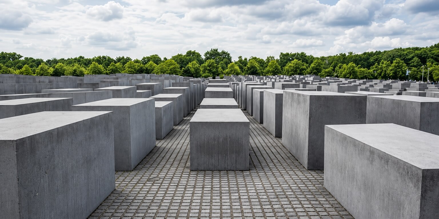 Memorial to the Murdered Jews of Europe in Berlin with rows of concrete stelae at the Holocaust Memorial