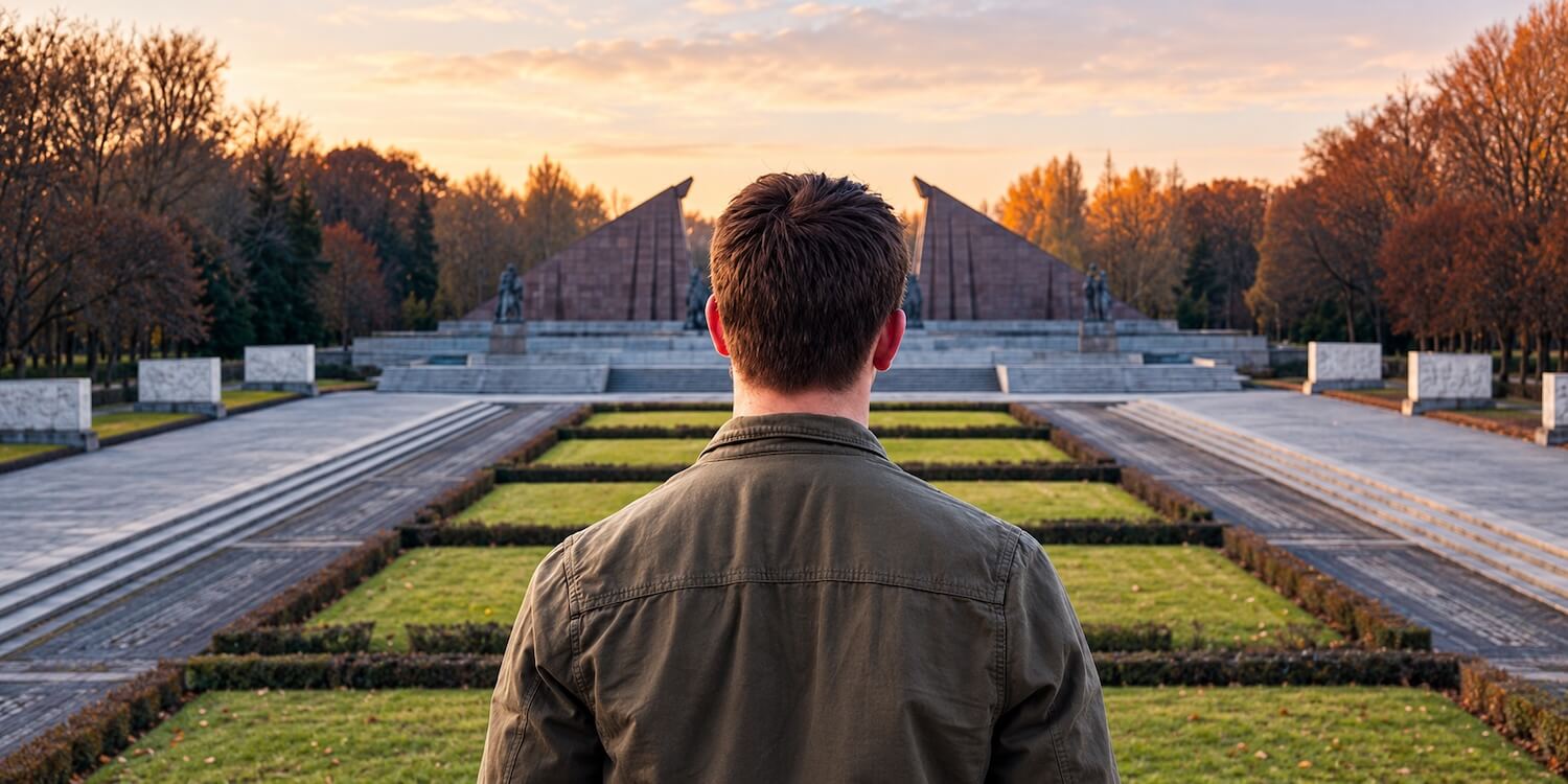 Visitor looking across the Soviet War Memorial in Treptower Park, Berlin, a major World War II memorial site