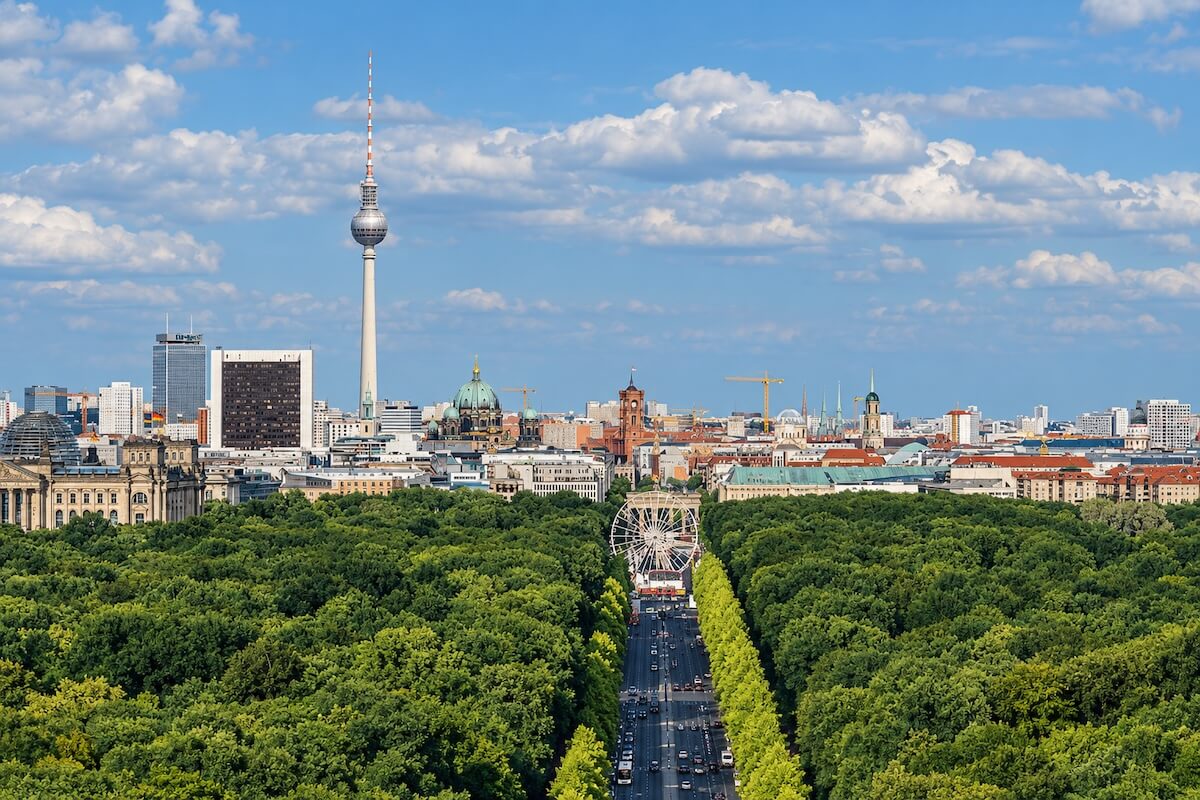 Berlin skyline seen across the Tiergarten, showing the TV Tower, city landmarks and extensive green space